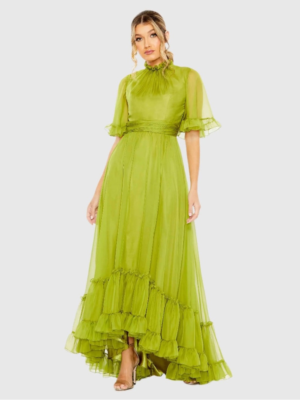 Mac Duggal Apple Green Ruffled Flutter Sleeve High Low Gown Sz 6 NWT $498 68229